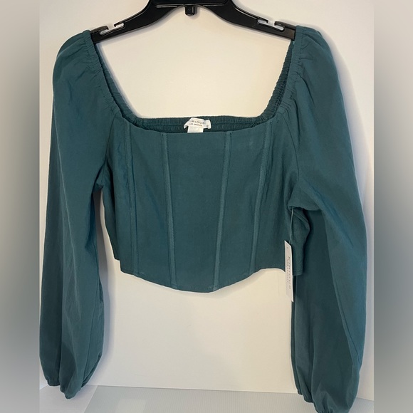 Kirious Tops - Kirious Long Sleeve 100% Textured Washed Cotton Crop Top - Teal